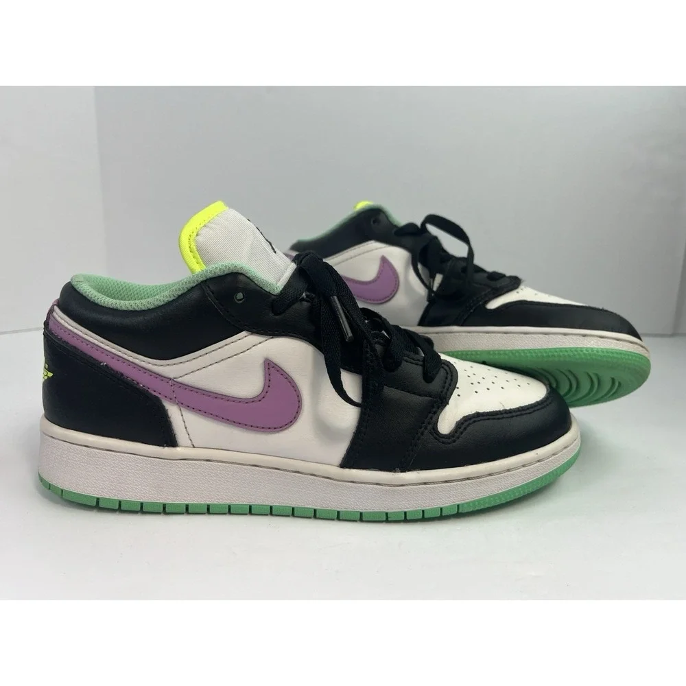Jordan 1 Low Green Glow Violet Shock Gym Sneakers Youth GS 6Y - Women's Size 7.5